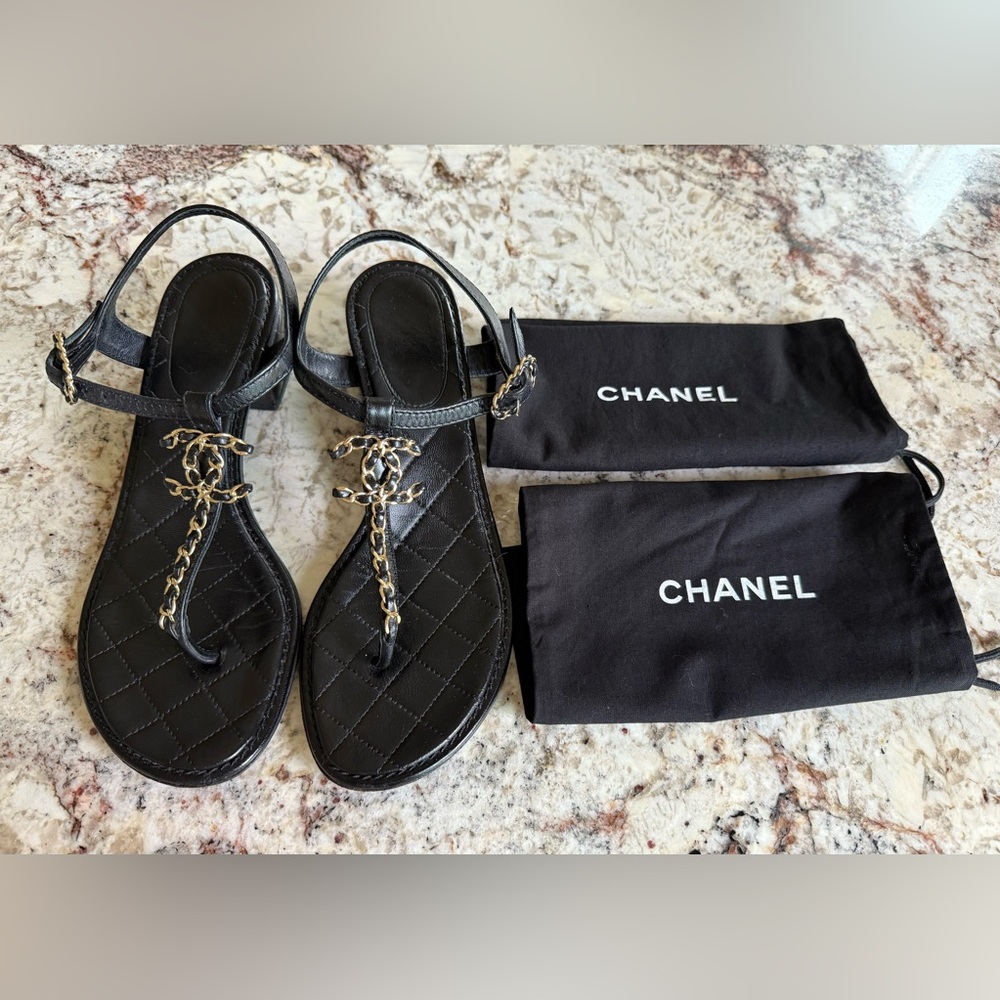 CHANEL Quilted Gold CC Chain Heel Sandals - EU 38.5